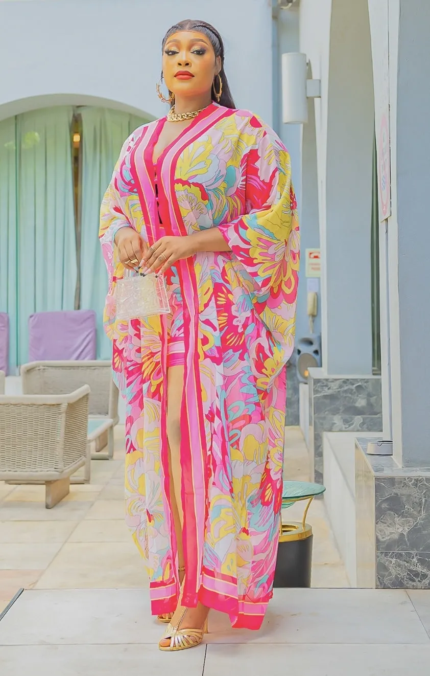 Pretty RICH Lady- 2pc Pink/Yellow Multi KIMONO TOP/SHORTS SET (NEW)