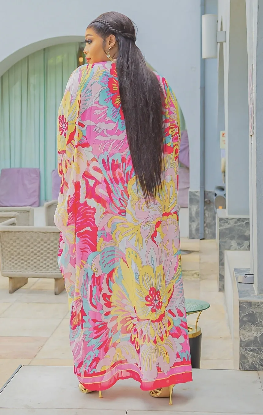 Pretty RICH Lady- 2pc Pink/Yellow Multi KIMONO TOP/SHORTS SET (NEW)