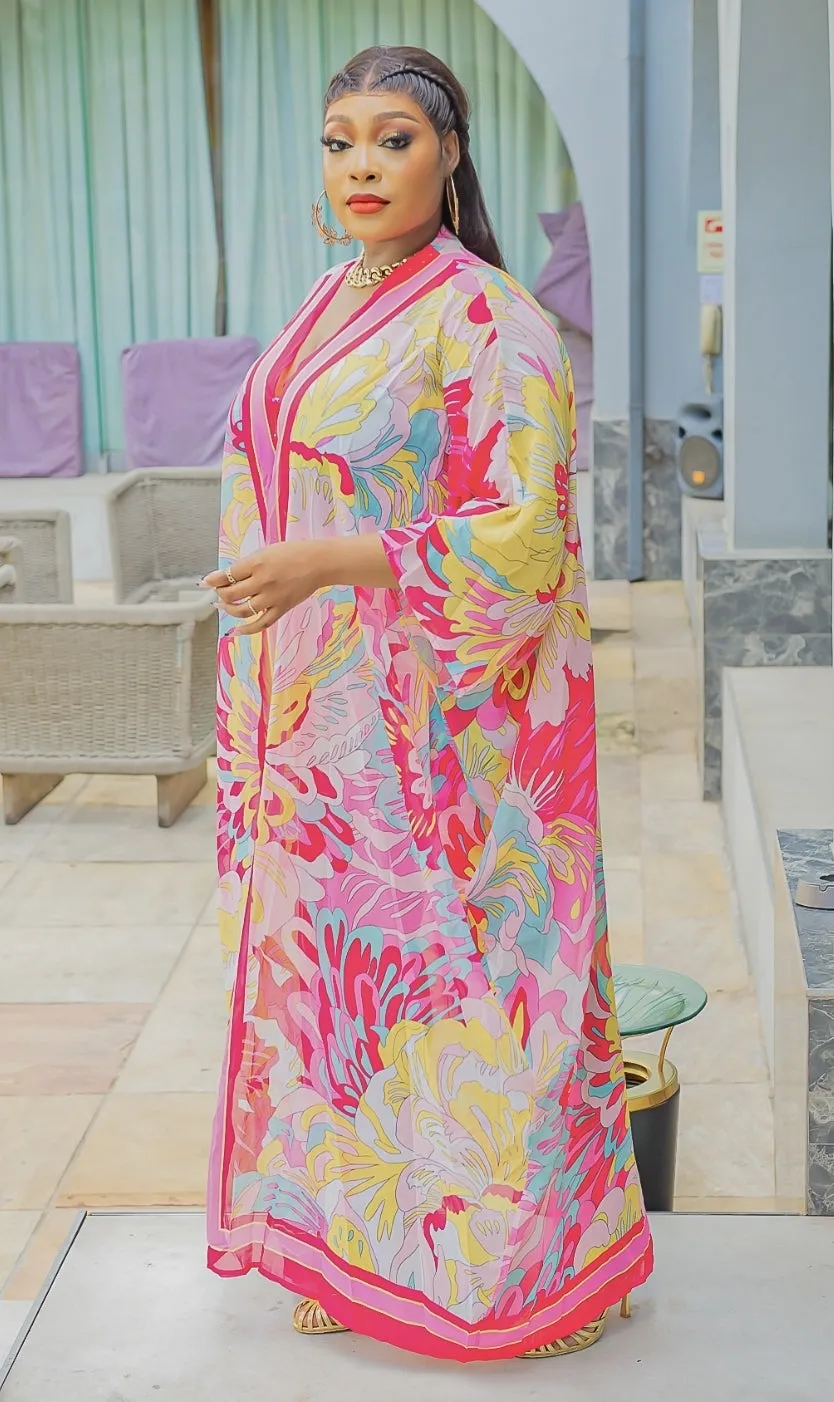 Pretty RICH Lady- 2pc Pink/Yellow Multi KIMONO TOP/SHORTS SET (NEW)