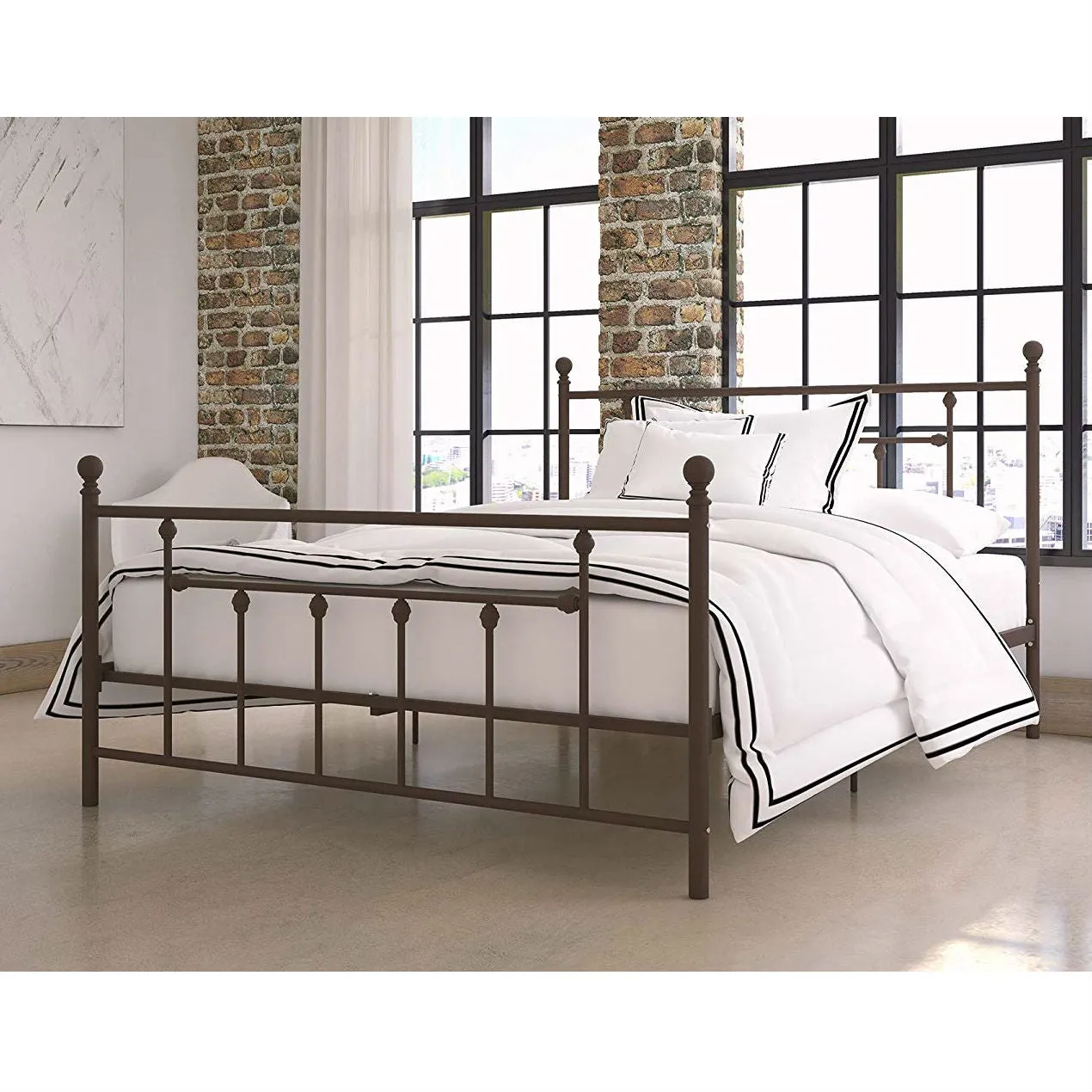 Queen Metal Platform Bed Frame with Headboard and Footboard in Bronze Finish