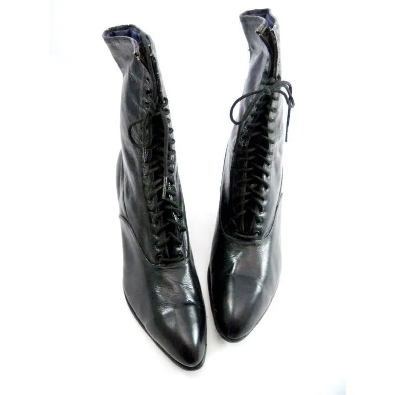 RESERVED Antique High Top Lace Black Leather Boots Womens Titanic Era Well Made Modern Size 6.5