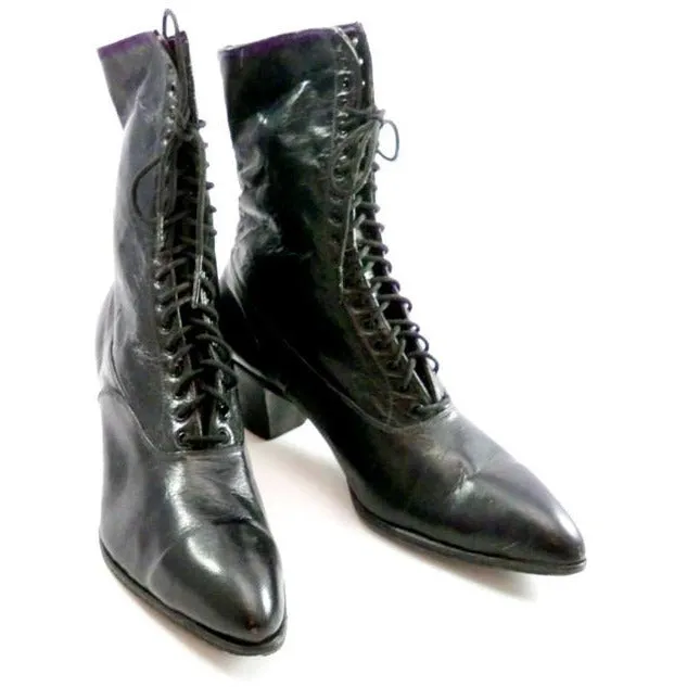 RESERVED Antique High Top Lace Black Leather Boots Womens Titanic Era Well Made Modern Size 6.5