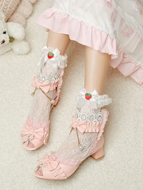 ROCOCO Style Lolita Sandals Ecru White Bows Pearls PU Leather Peep Toe Lolita Summer Shoes