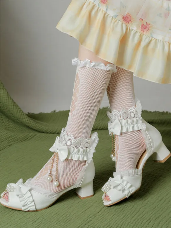 ROCOCO Style Lolita Sandals Ecru White Bows Pearls PU Leather Peep Toe Lolita Summer Shoes