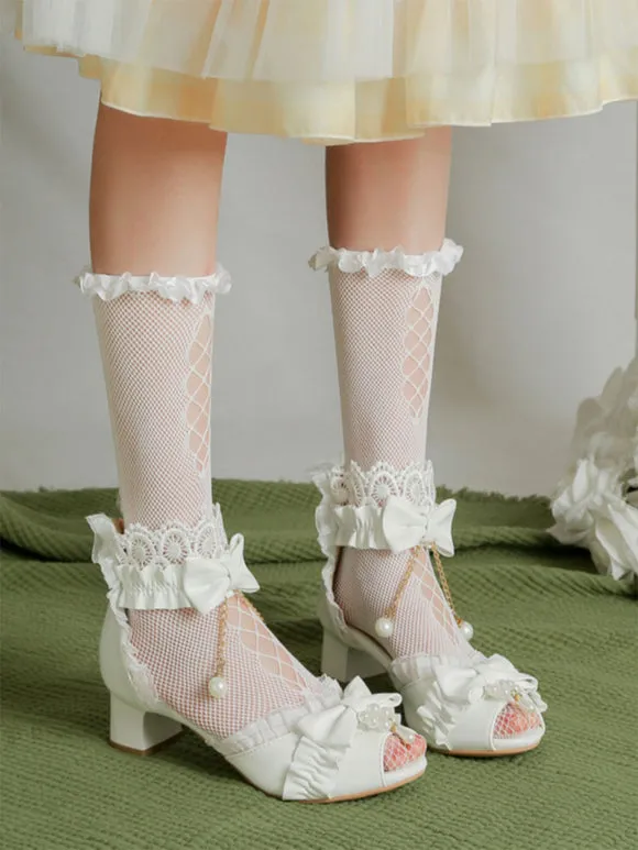 ROCOCO Style Lolita Sandals Ecru White Bows Pearls PU Leather Peep Toe Lolita Summer Shoes