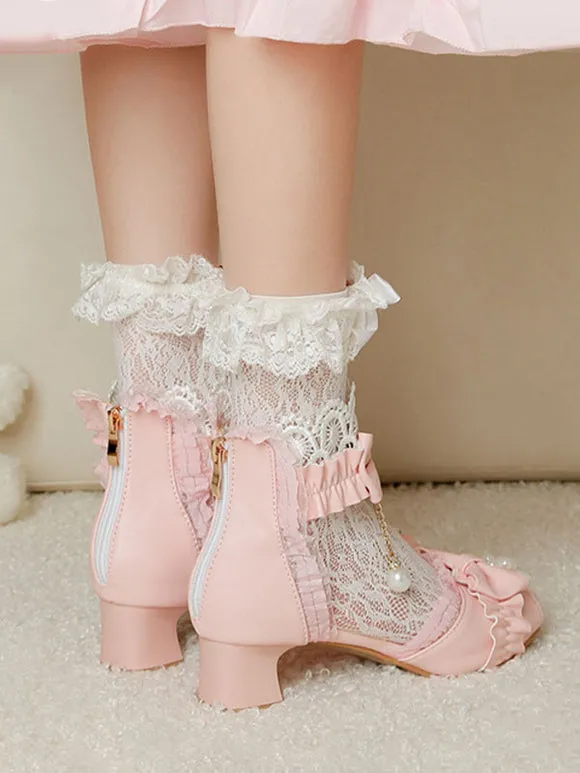 ROCOCO Style Lolita Sandals Ecru White Bows Pearls PU Leather Peep Toe Lolita Summer Shoes