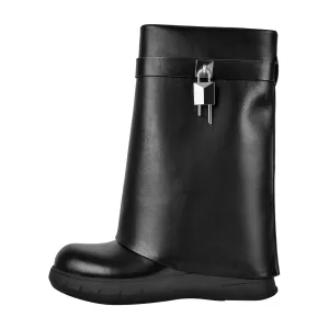 Round Toe Wedge Heel Mid-Calf Fold Over Boots