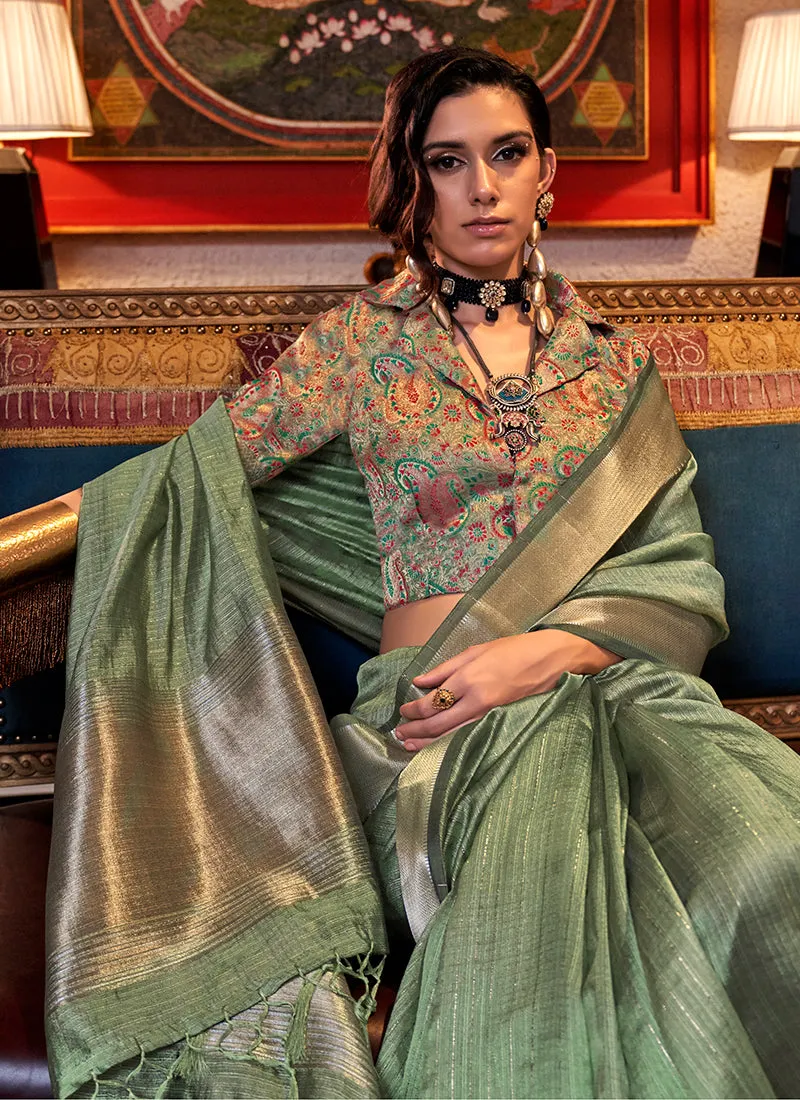 Sage Green Zari Brocade Handloom Silk Saree