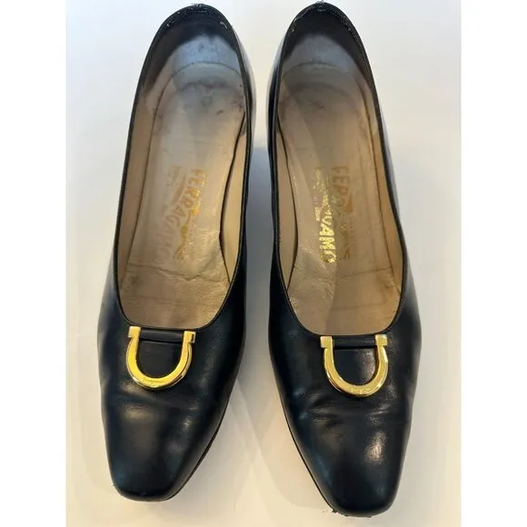 SALVATORE Ferragamo Womens Pumps Vintage DQ 38510 Made In‎ Italy Navy 8.5 B