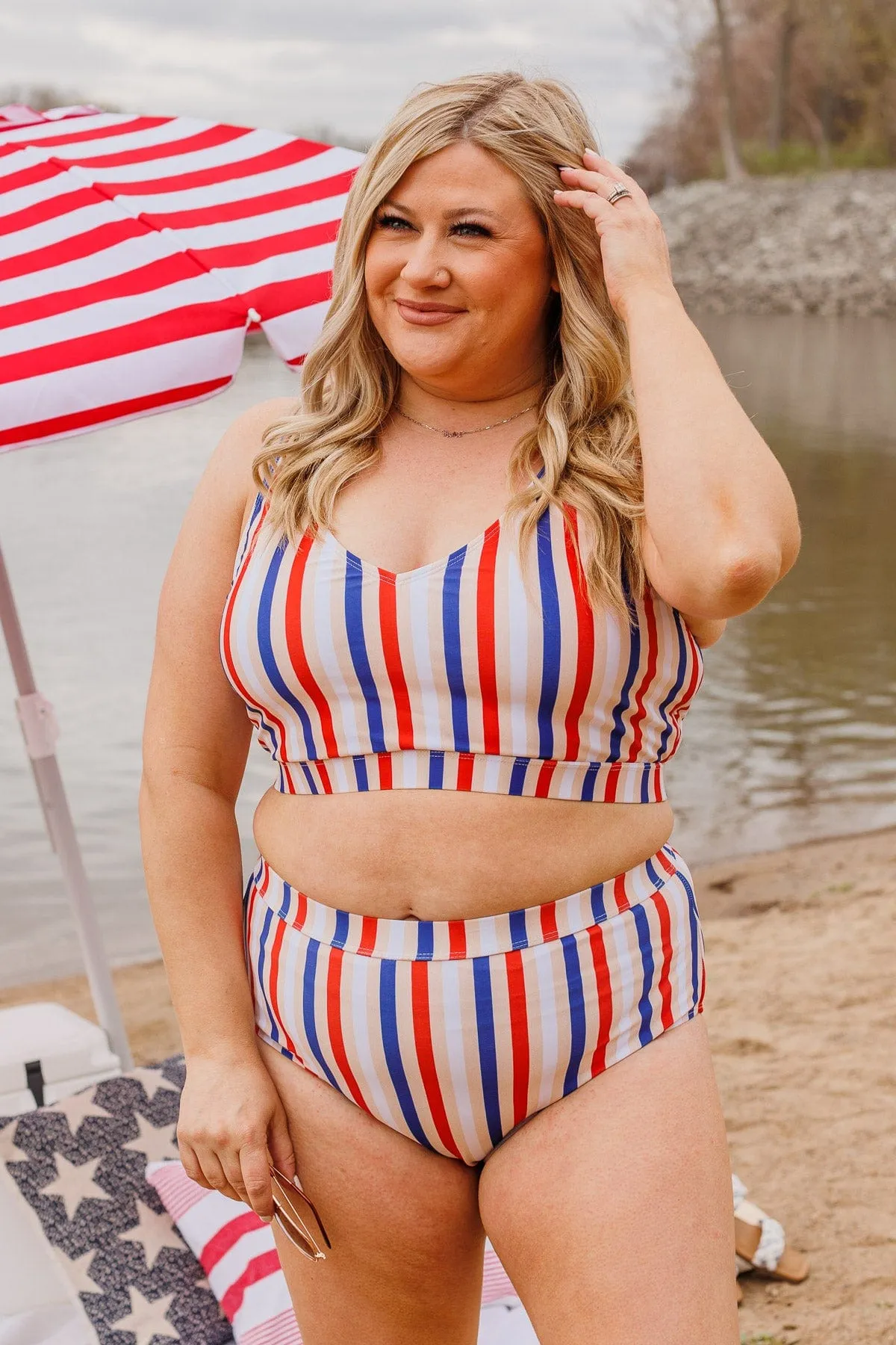 Sandy Shores High-Rise Swim Bottoms- Red, White, & Blue Stripe