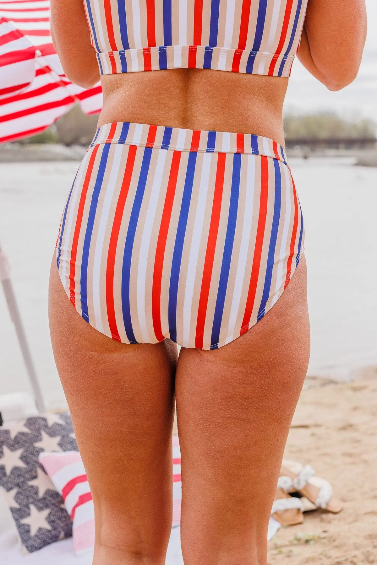 Sandy Shores High-Rise Swim Bottoms- Red, White, & Blue Stripe