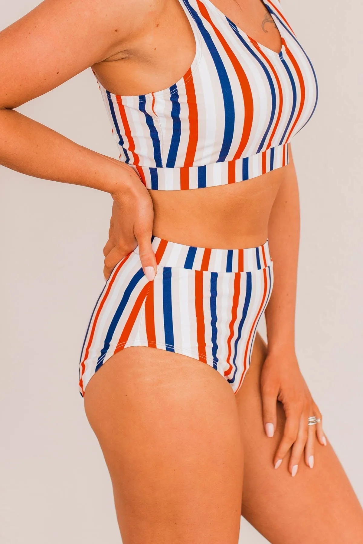 Sandy Shores High-Rise Swim Bottoms- Red, White, & Blue Stripe