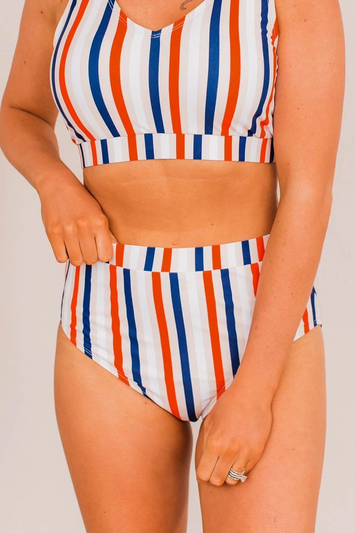 Sandy Shores High-Rise Swim Bottoms- Red, White, & Blue Stripe