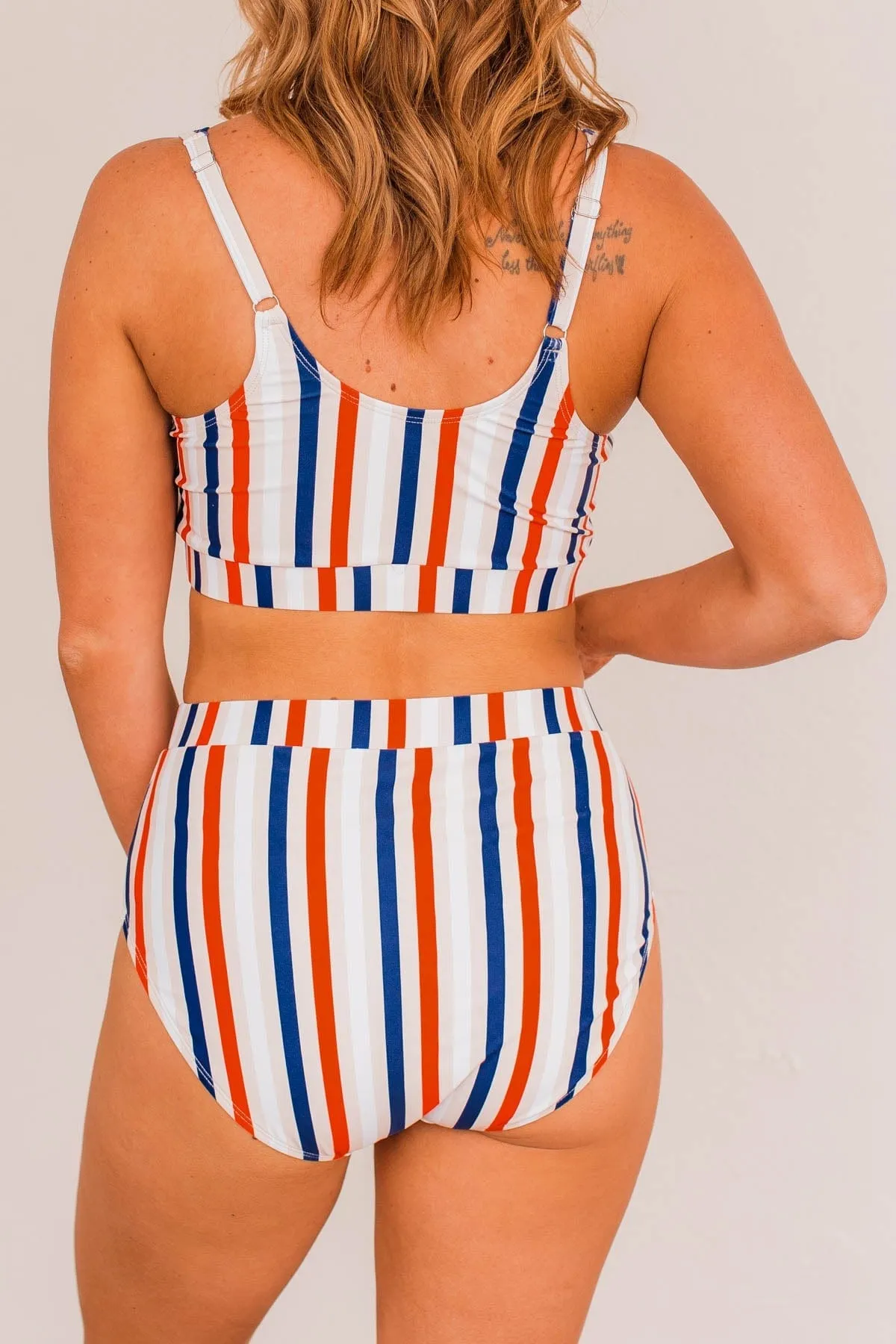 Sandy Shores High-Rise Swim Bottoms- Red, White, & Blue Stripe
