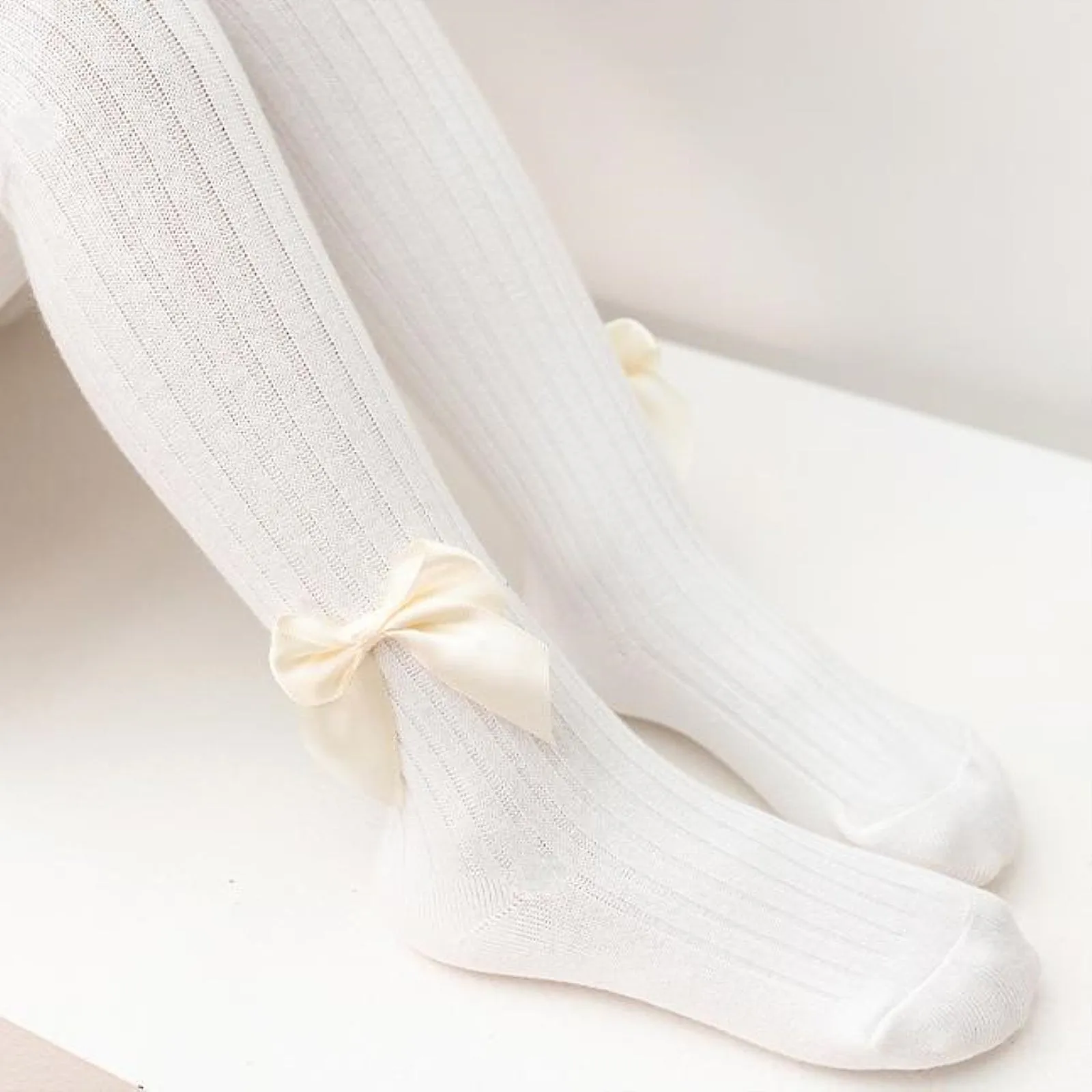 Seamless Cable Knit Tights with Bow for Baby Girls