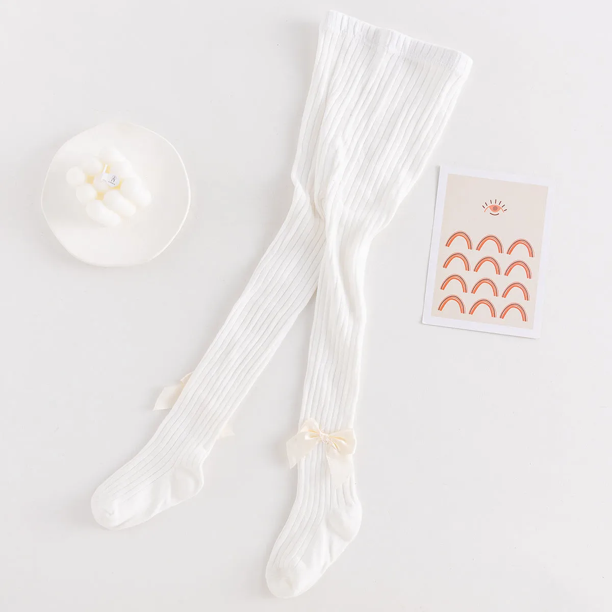 Seamless Cable Knit Tights with Bow for Baby Girls