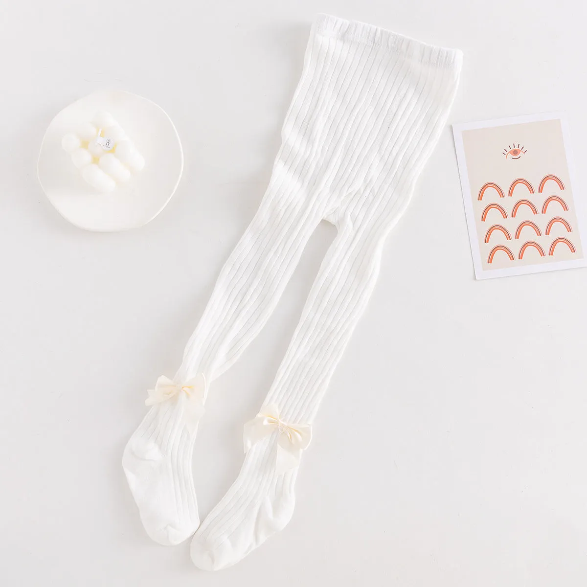 Seamless Cable Knit Tights with Bow for Baby Girls