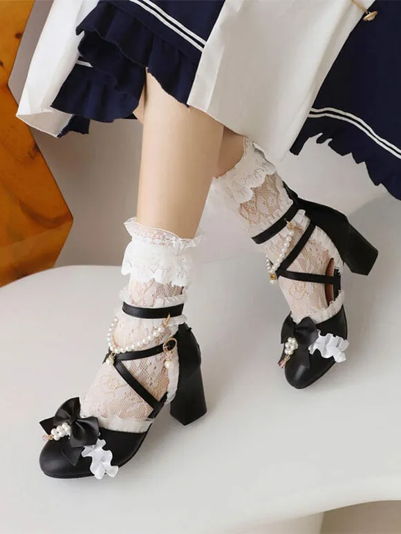 Sweet Lolita Sandals Bows Pearls Ruffles Round Toe PU Leather White Lolita Summer Shoes