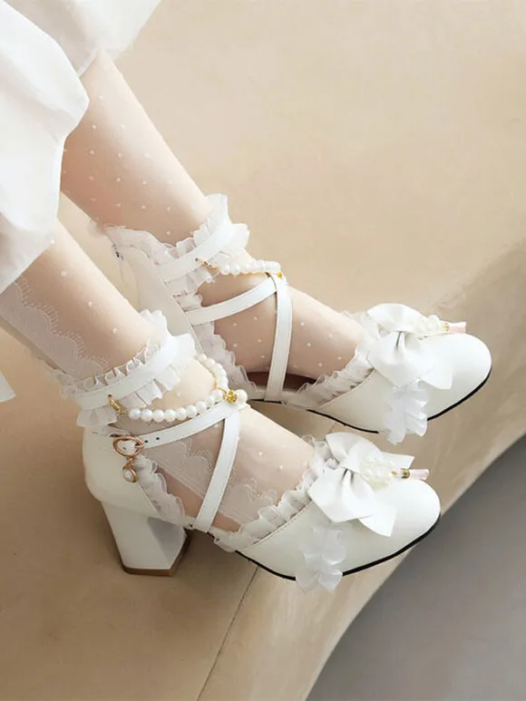 Sweet Lolita Sandals Bows Pearls Ruffles Round Toe PU Leather White Lolita Summer Shoes