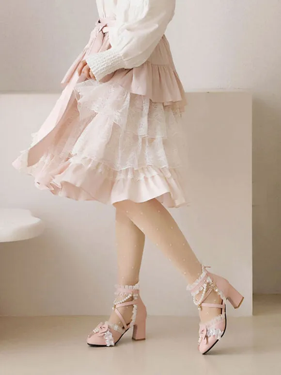 Sweet Lolita Sandals Bows Pearls Ruffles Round Toe PU Leather White Lolita Summer Shoes