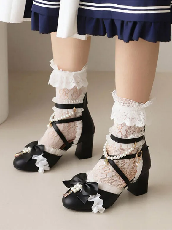 Sweet Lolita Sandals Bows Pearls Ruffles Round Toe PU Leather White Lolita Summer Shoes
