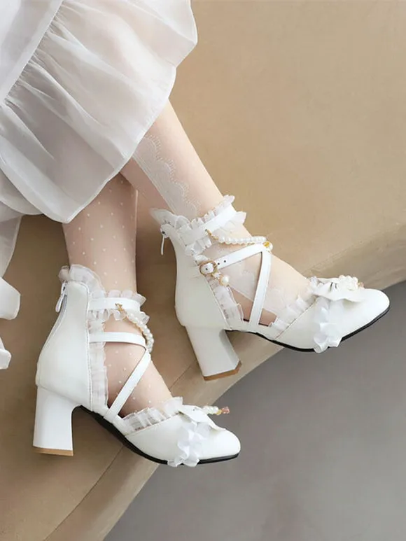 Sweet Lolita Sandals Bows Pearls Ruffles Round Toe PU Leather White Lolita Summer Shoes