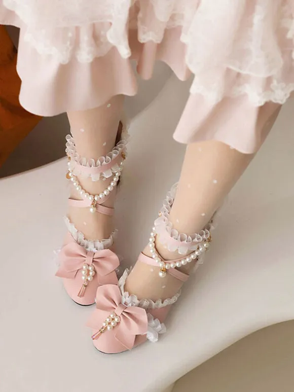 Sweet Lolita Sandals Bows Pearls Ruffles Round Toe PU Leather White Lolita Summer Shoes