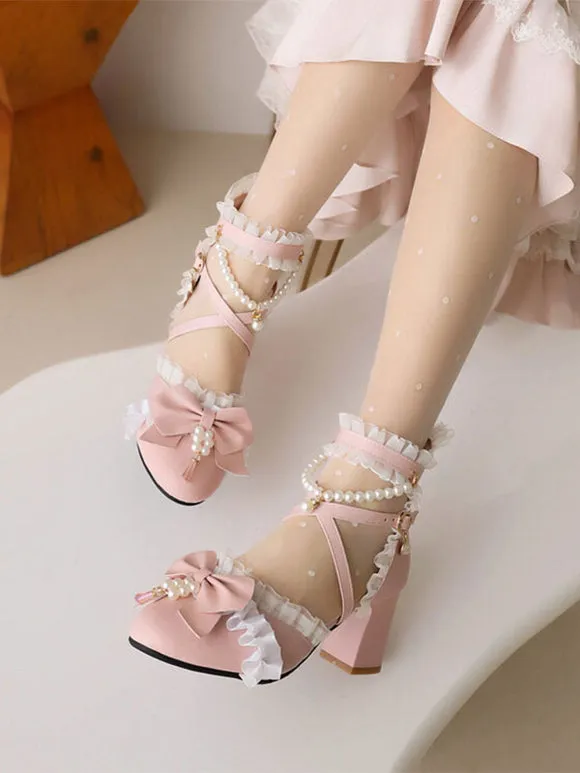 Sweet Lolita Sandals Bows Pearls Ruffles Round Toe PU Leather White Lolita Summer Shoes