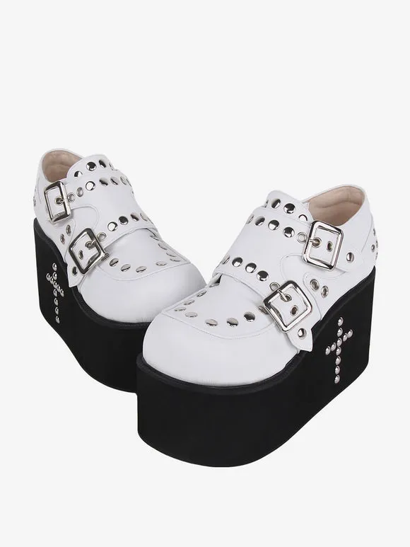 Sweet Lolita Sandals Grommets Round Toe Metallic PU Leather White Lolita Summer Shoes