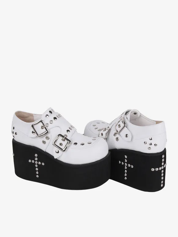 Sweet Lolita Sandals Grommets Round Toe Metallic PU Leather White Lolita Summer Shoes