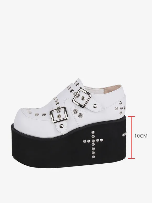 Sweet Lolita Sandals Grommets Round Toe Metallic PU Leather White Lolita Summer Shoes