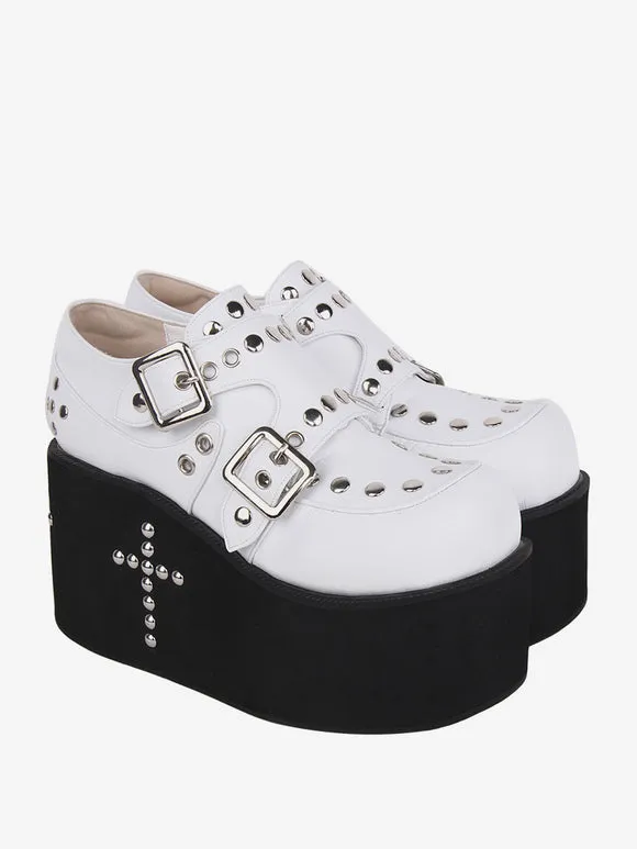 Sweet Lolita Sandals Grommets Round Toe Metallic PU Leather White Lolita Summer Shoes