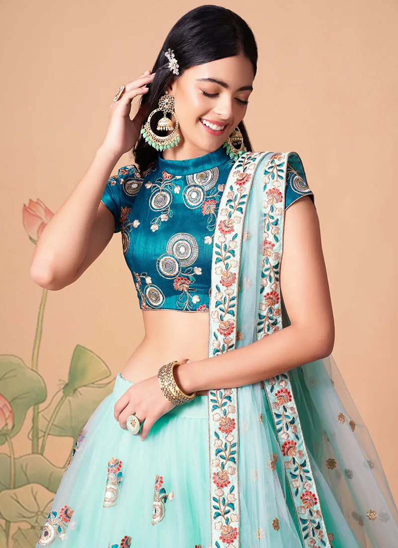 Teal Blue Multi Embroidery Wedding Lehenga Choli