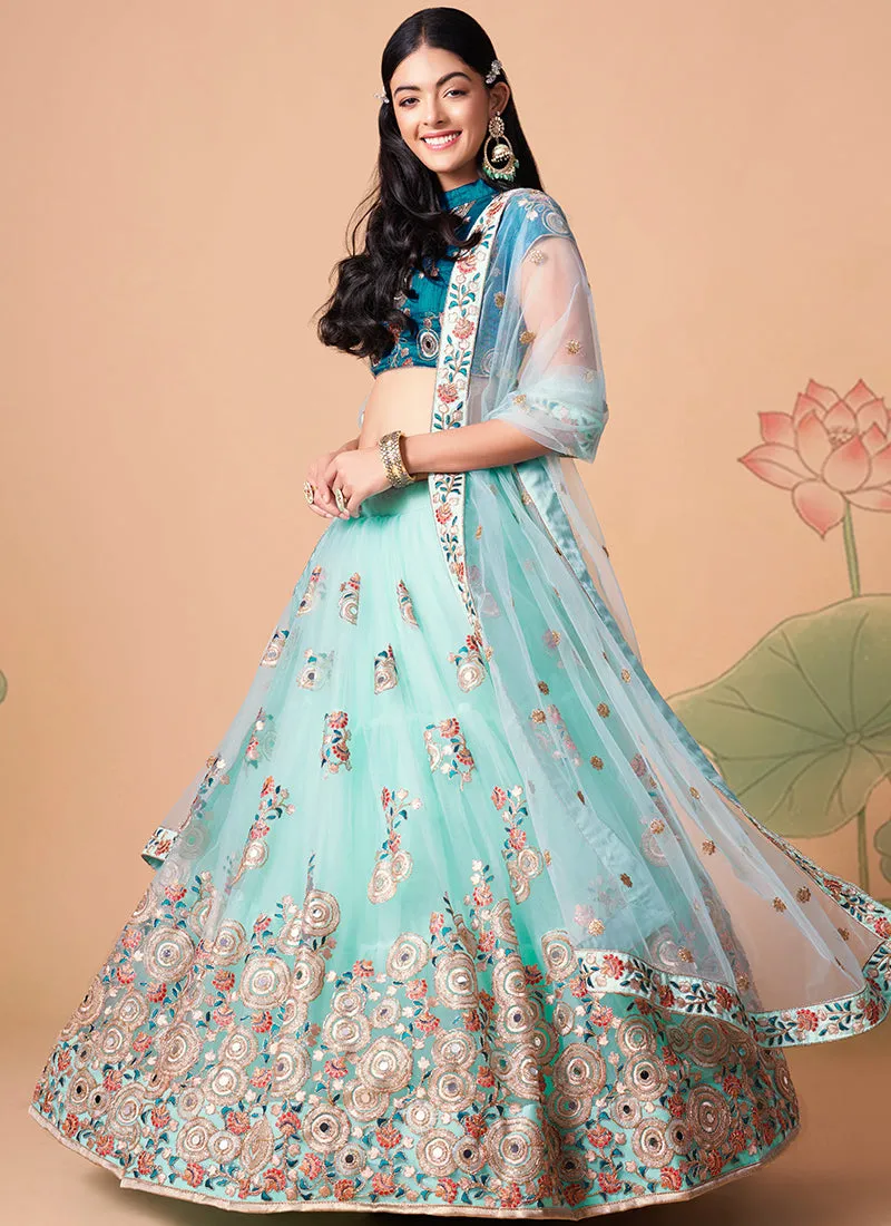Teal Blue Multi Embroidery Wedding Lehenga Choli