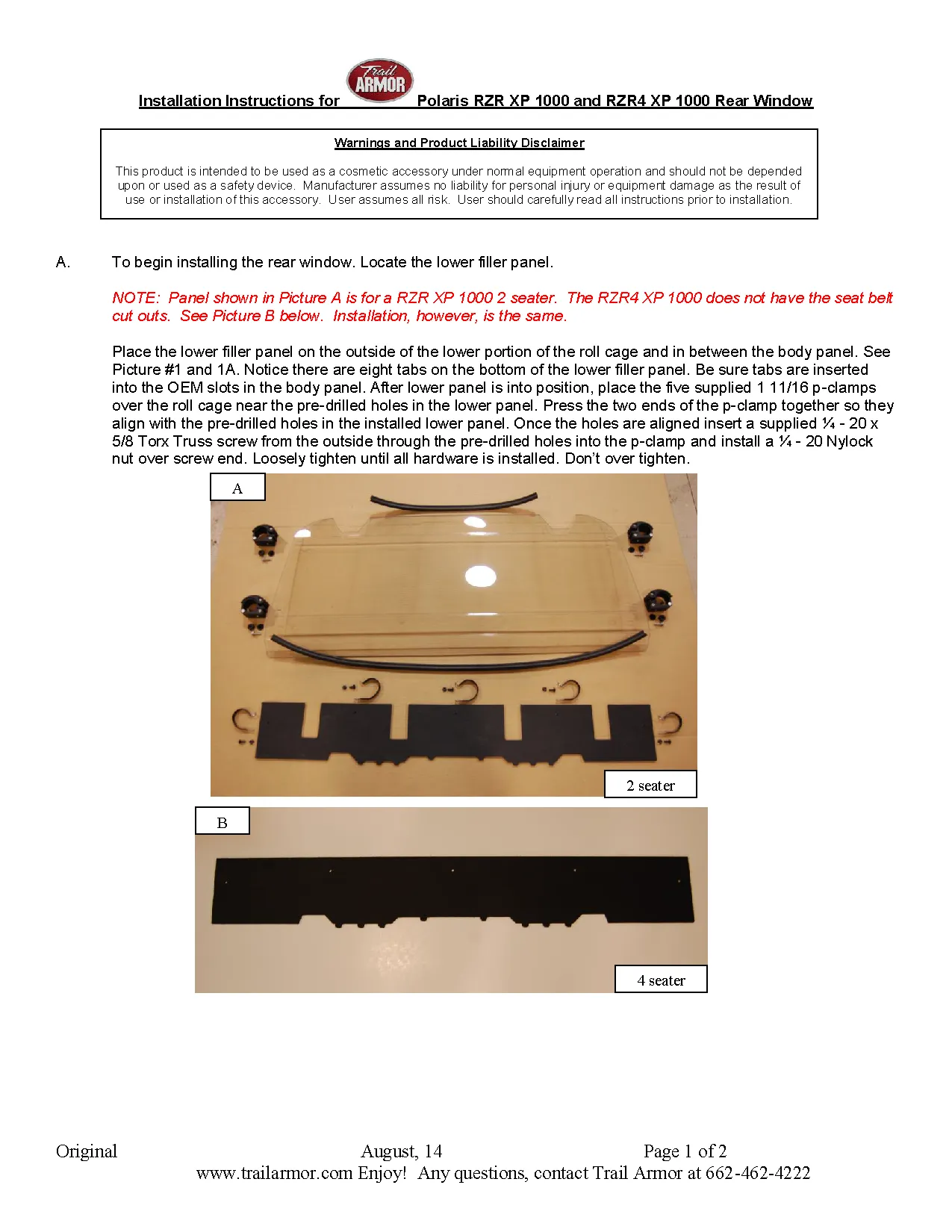 Trail Armor 2014 - 2023 RZR XP 1000 (Standard, Sport, Premium, Ultimate, Desert Edition, Trails and Rocks) and 2016 - 2021 RZR XP Turbo Rear Window