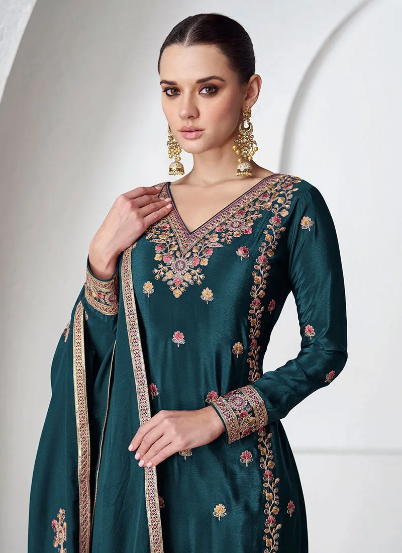 Turquoise Multi Embroidery Festive Palazzo Suit