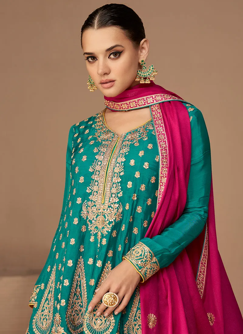Turquoise Yellow Sequence Embroidery Anarkali Dhoti Pant Suit