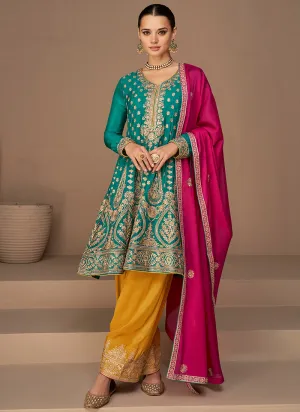 Turquoise Yellow Sequence Embroidery Anarkali Dhoti Pant Suit