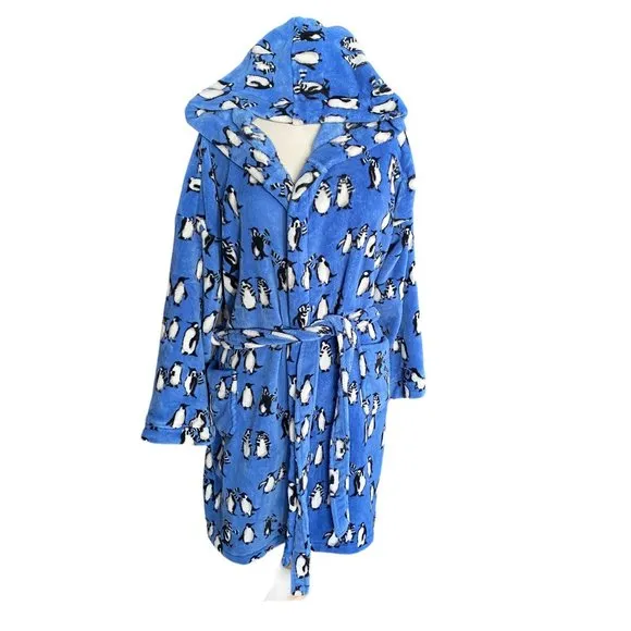 Vera Bradley Winter Penguins Luxe Hooded Plush Fleece Loungewear Sleep Robe-L/XL