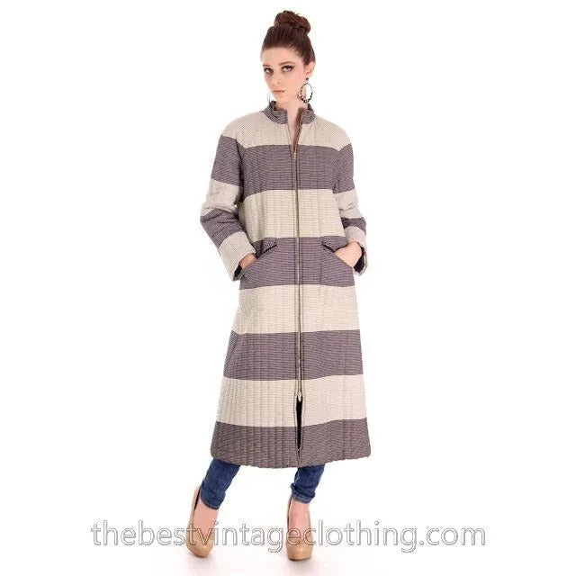 Vintage 1970s  Vuokko Suomi Finland Striped Cotton Coat  Zip Front Mod 38 Fits S to M