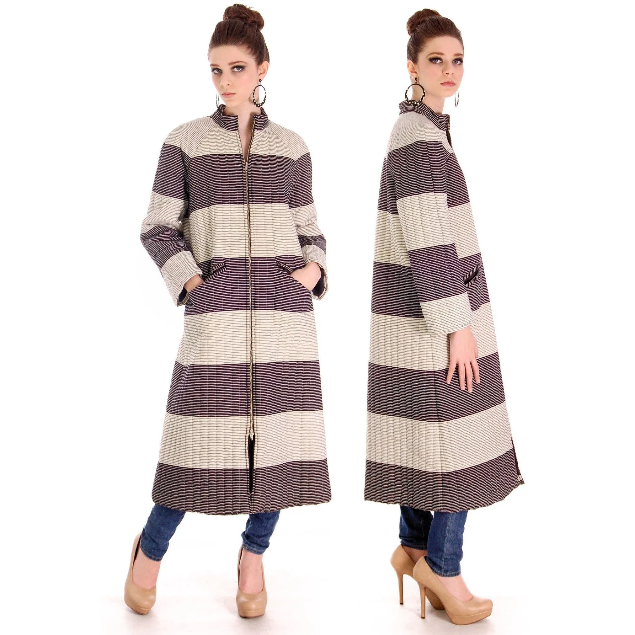 Vintage 1970s  Vuokko Suomi Finland Striped Cotton Coat  Zip Front Mod 38 Fits S to M
