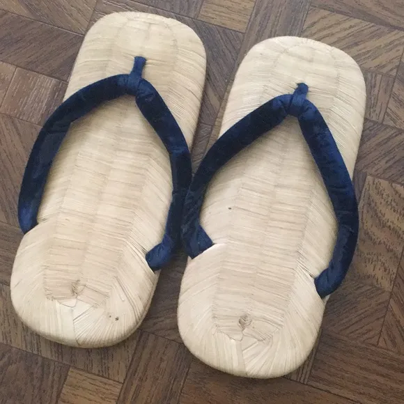 Vintage Natural Straw Sandals with Blue Straps