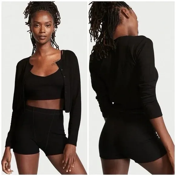 VS Victoria’s Secret Black Glow Waffle Thermal Knit 3-Piece Short PJ Cardi Set
