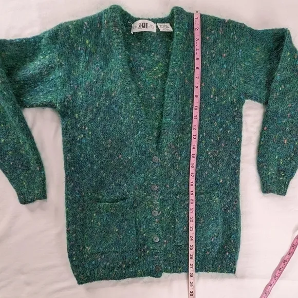 VTG Mohair Soft Green Color Flecks Button Up Longline Cardigan