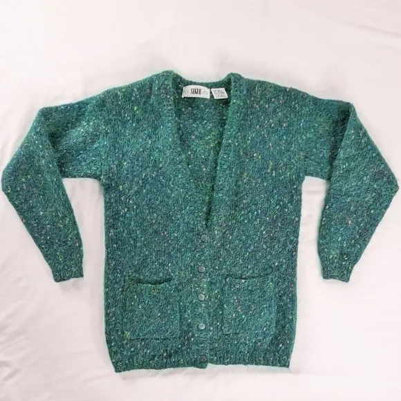 VTG Mohair Soft Green Color Flecks Button Up Longline Cardigan