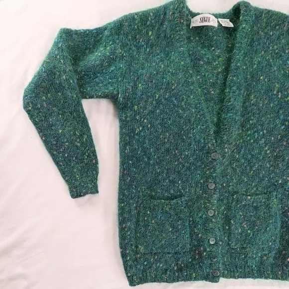 VTG Mohair Soft Green Color Flecks Button Up Longline Cardigan