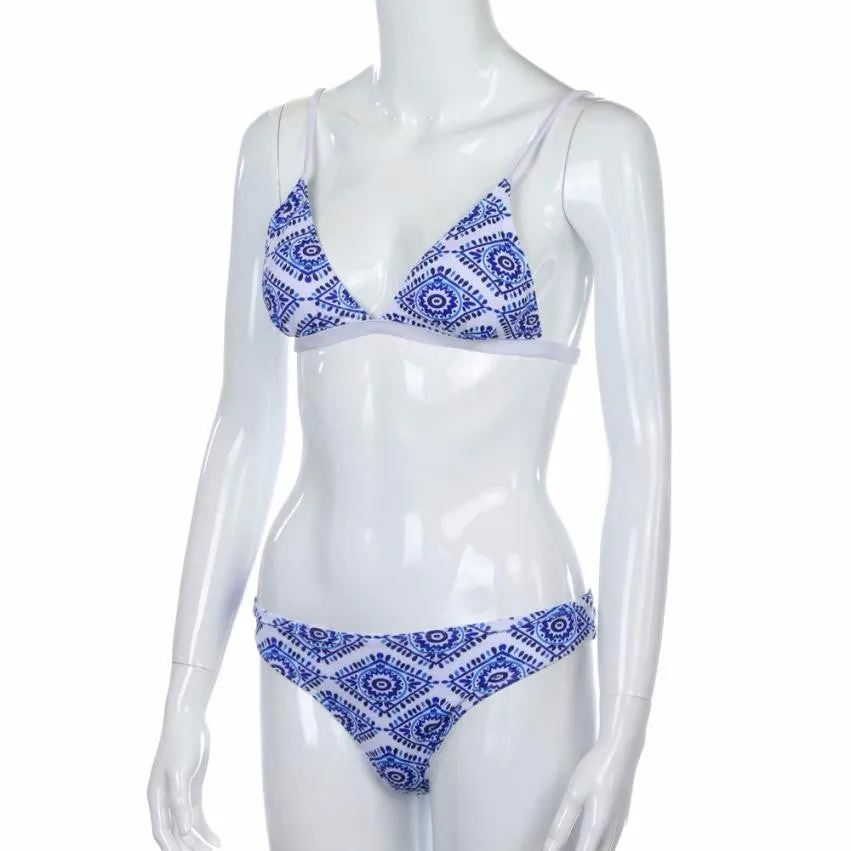 White Floral Halter Thong Women Beachwear Swimsuit (Bikini)