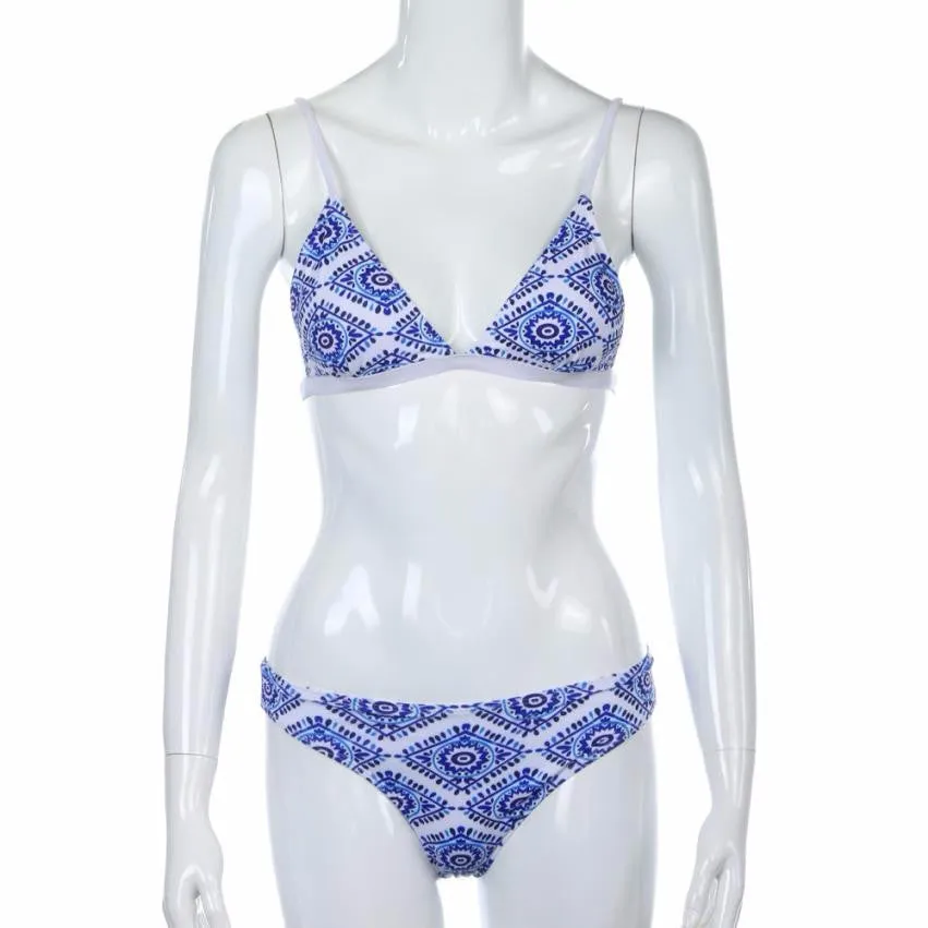 White Floral Halter Thong Women Beachwear Swimsuit (Bikini)