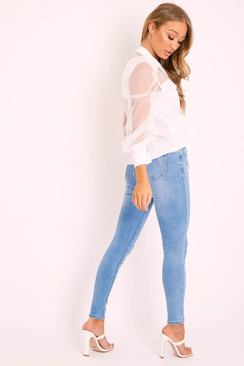 White Half Mesh Puff Sleeve Shirt - Hallie