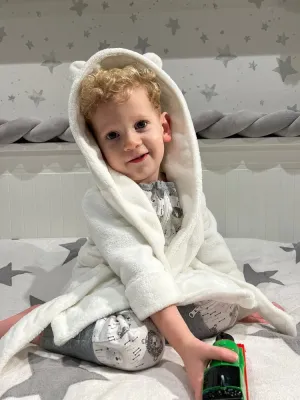 White Teddy Bear Ears Childrens Hooded Dressing Gown 12 to 24 Months